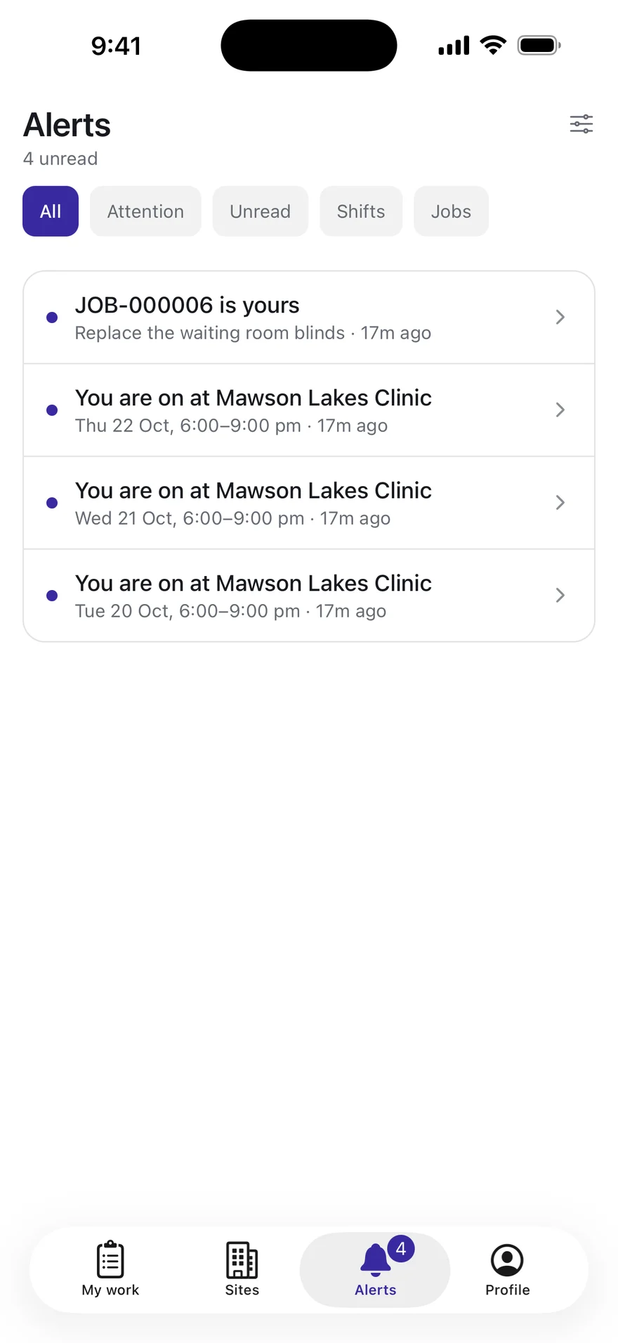 A worker’s alerts in the Onvoro app: a job that is now theirs and three shifts they are on at Mawson Lakes Clinic, each unread