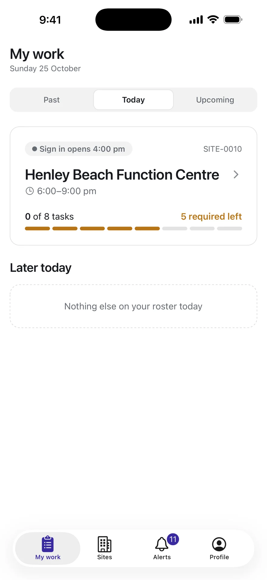 My work in the Onvoro app on a Sunday: tonight’s shift at Henley Beach Function Centre, 6:00 to 9:00 pm, signing in opening at 4:00 pm and eight tasks with five required