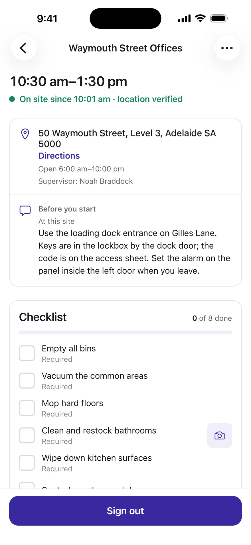 The same shift once signed in: on site since 10:01 am with the location verified, the checklist ready to tick and Sign out at the foot