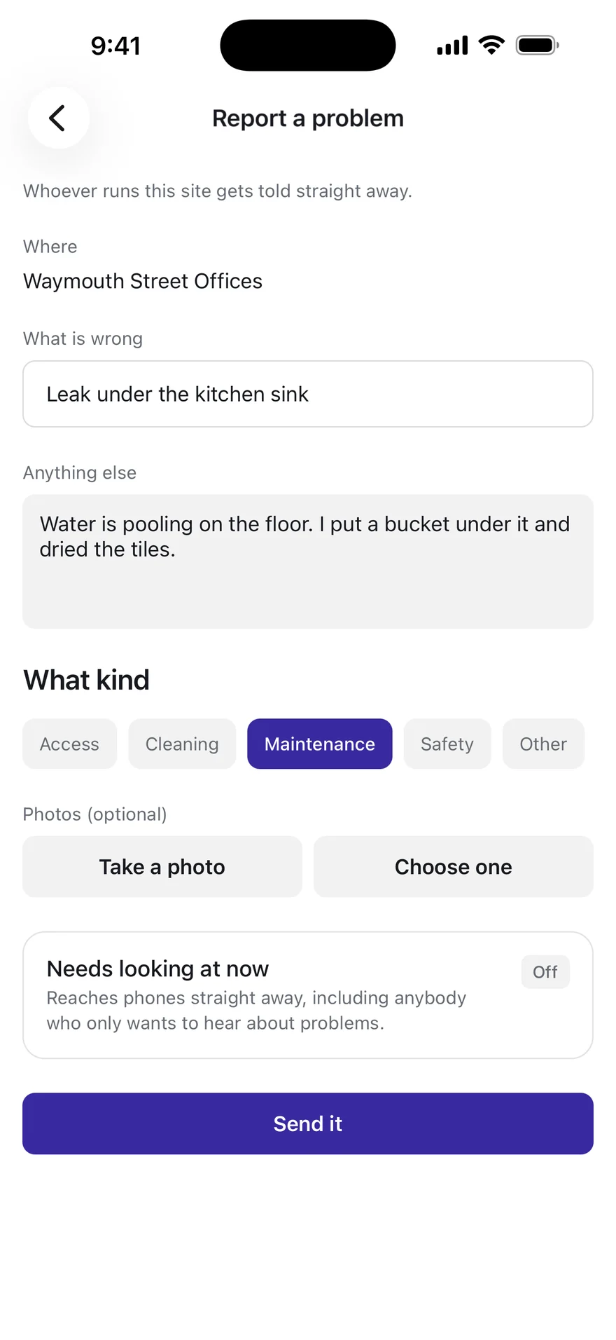 Reporting a problem from the shift: a leak under the kitchen sink at Waymouth Street Offices, marked as maintenance, with photos and a switch for whether it needs looking at now