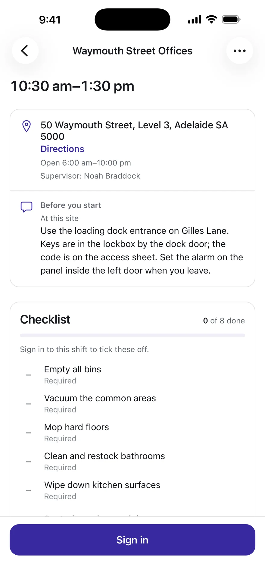 A shift in the Onvoro app before signing in: 10:30 am to 1:30 pm at Waymouth Street Offices, the address with directions, the site’s arrival notes and an eight-task checklist