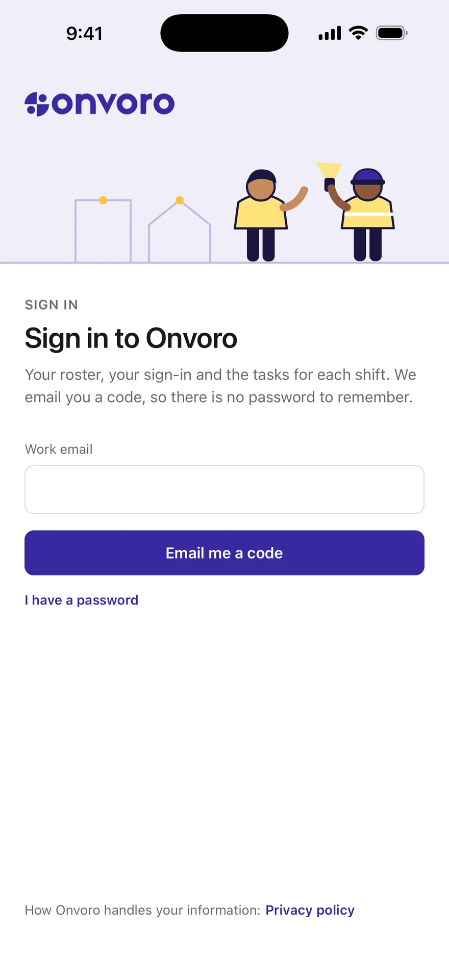 Signing in to the Onvoro app: a work email, a code sent to it, and a link to sign in with a password instead