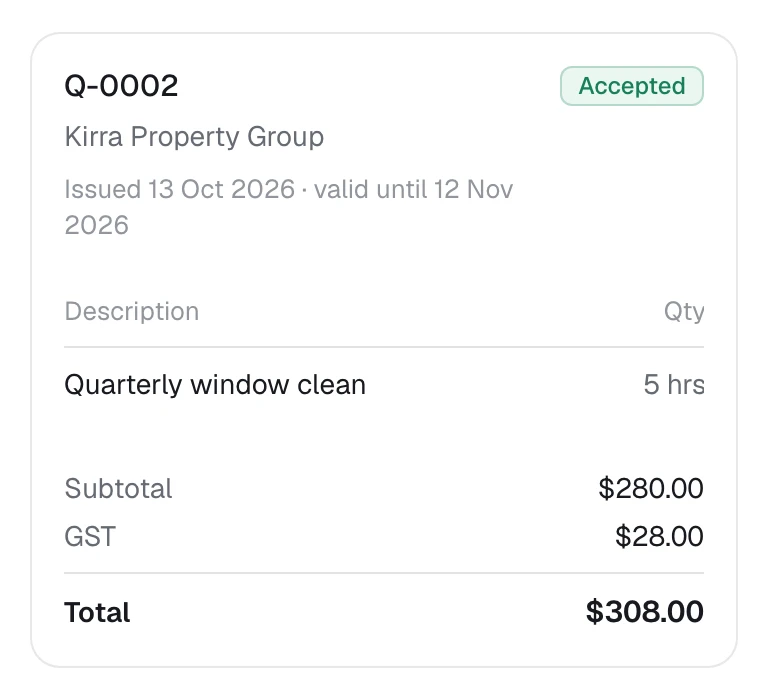 An accepted quote in Onvoro: the client, the line for a quarterly window clean at five hours, and the total with GST